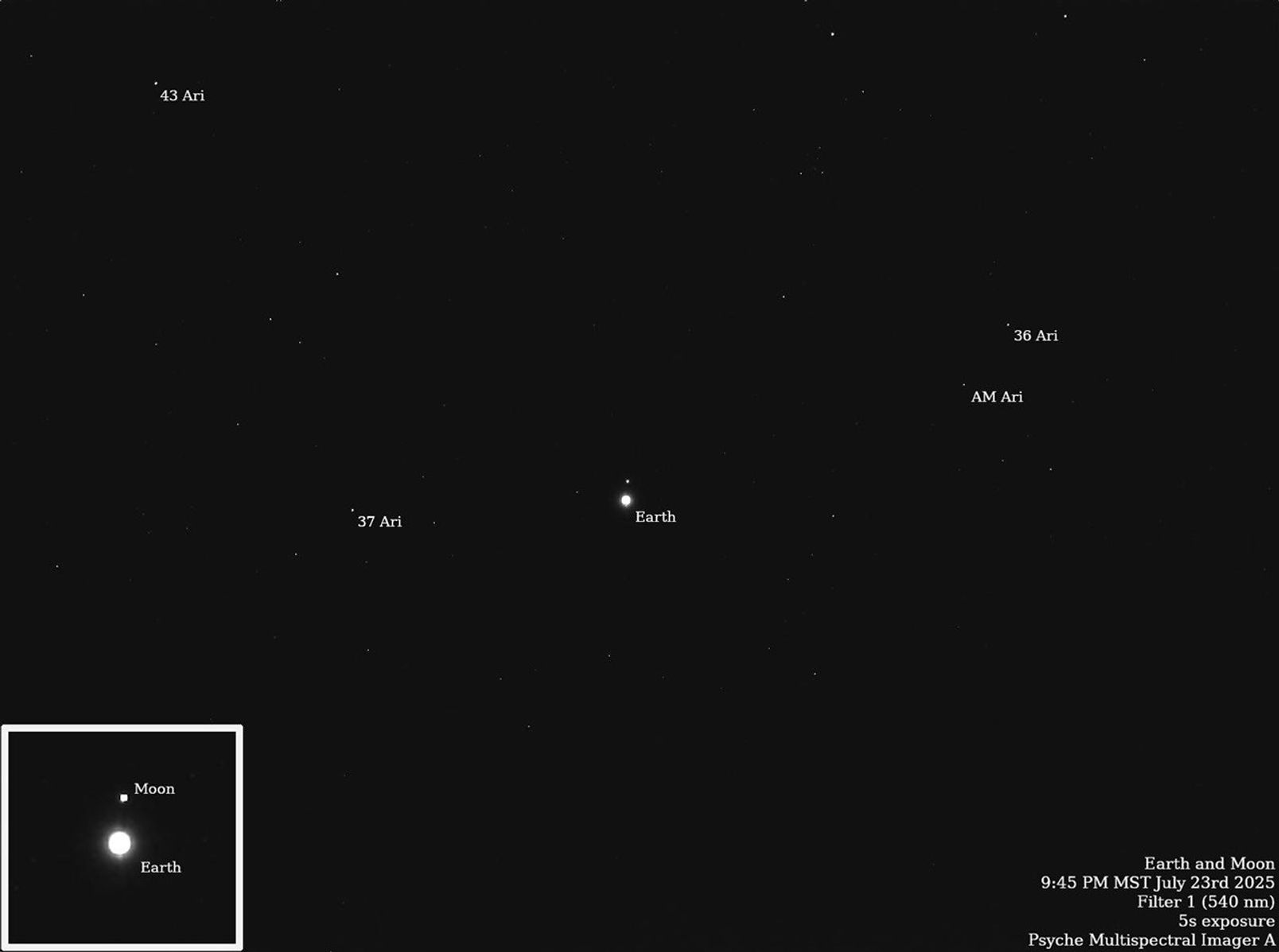 NASA's Psyche spacecraft captured images of Earth and our Moon from about 180 million miles (290 kilometers) away in July 2025.