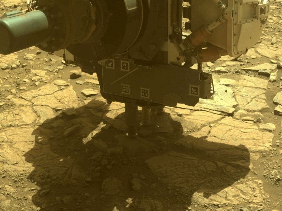 One of Perseverance's hazard cameras captured the rover's coring drill collecting the Main River rock sample on Witch Hazel Hill on March 10, 2025.