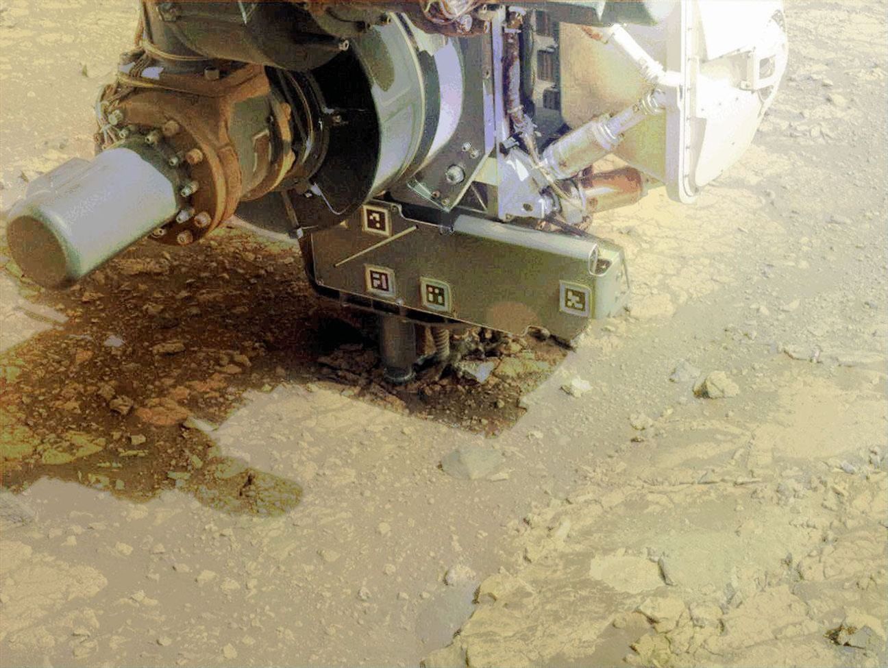 Before drilling into the rocky outcrop nicknamed Kenmore, Perseverance abraded the rock to determine whether it was worthy of drilling.