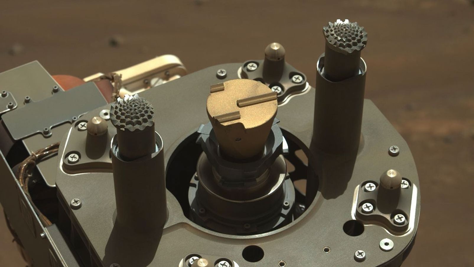 Perseverance's gold-colored abrading bit takes center stage in this image of the rover's drill taken by the Mastcam-Z instrument on Aug. 2, 2021, the 160th day of the mission to Mars.