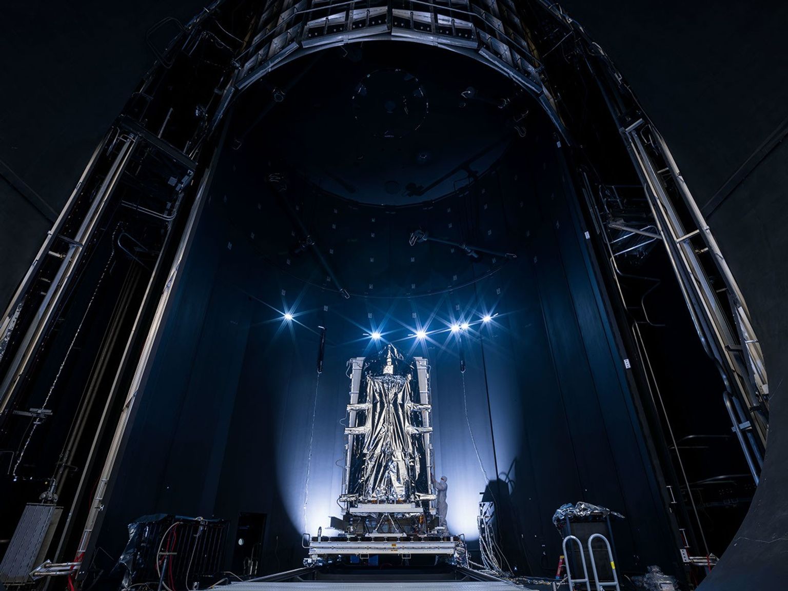 The instrument enclosure of NASA's NEO Surveyor is prepared for critical environmental tests at the Space Environment Simulation Laboratory at the agency's Johnson Space Center in Houston in December 2024.