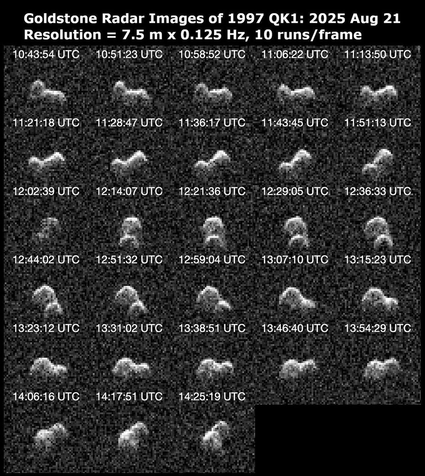 Asteroid 1997 QK1 is shown to be an elongated, peanut-shaped near-Earth object in this series of 28 radar images obtained by the Deep Space Network's Goldstone Solar System Radar on Aug. 21, 2025.