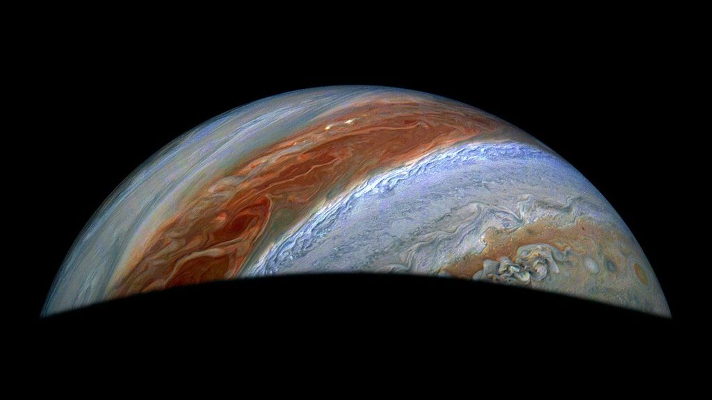 JunoCam captured this view of Jupiter's northern high latitudes from an altitude of about 36,000 miles (58,000 kilometers) above the giant planet's cloud tops on Jan. 28, 2025.