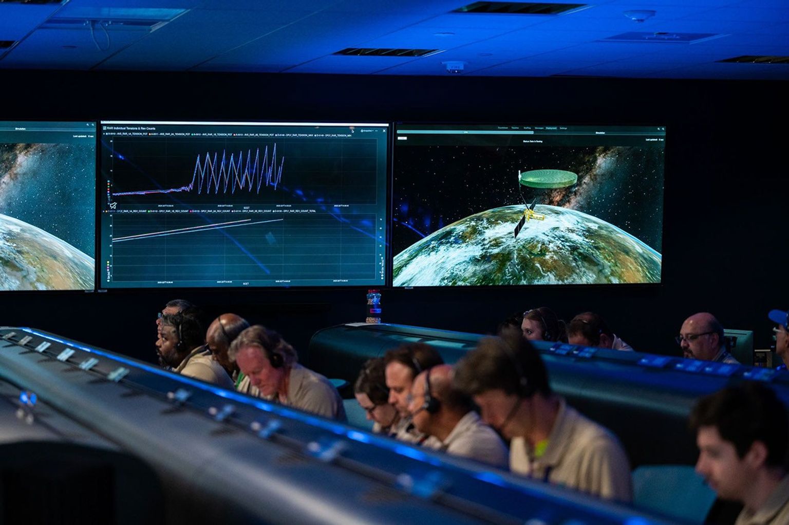 NISAR team members at JPL, along with colleagues at ISRO facilities in India, deployed the satellite's radar antenna reflector.