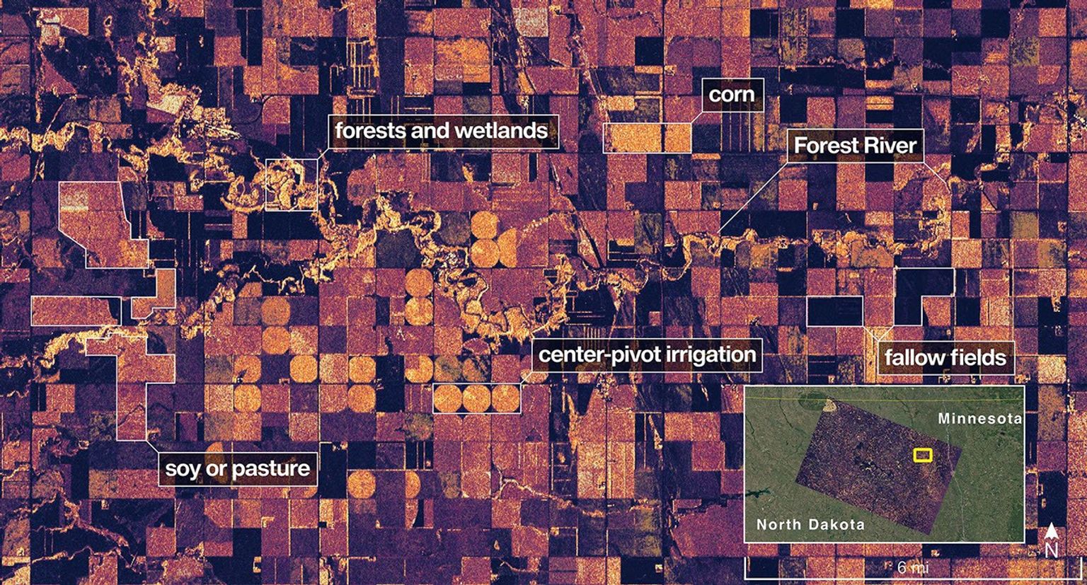 On Aug. 23, 2025, NISAR imaged land adjacent to northeastern North Dakota's Forest River.