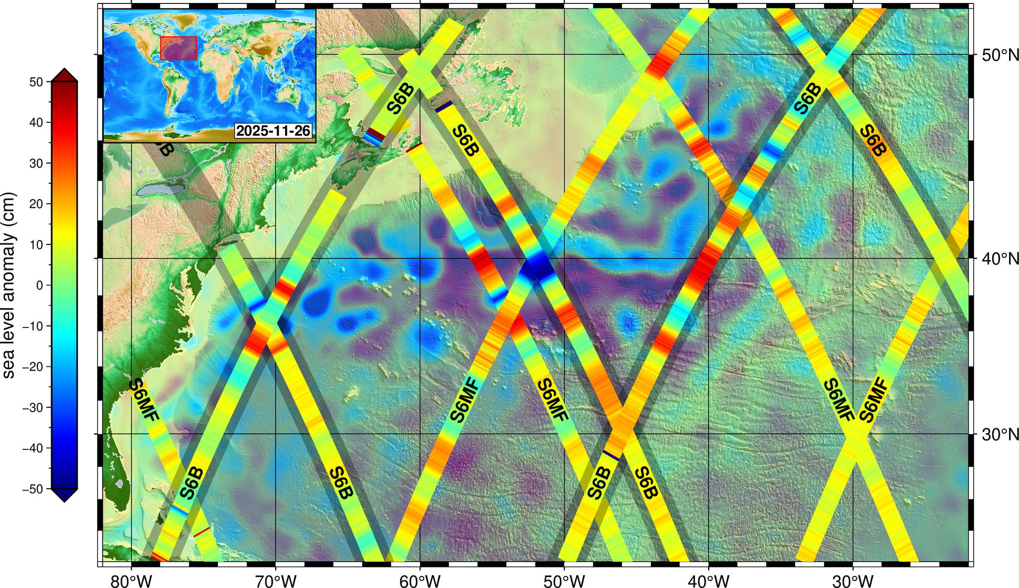 Sentinel-6B, a satellite developed by NASA and its European partners to survey 90% of the world’s oceans, captured data on Nov. 26, 2025, that was used to create a map of sea levels across a vast stretch of the Atlantic Ocean.