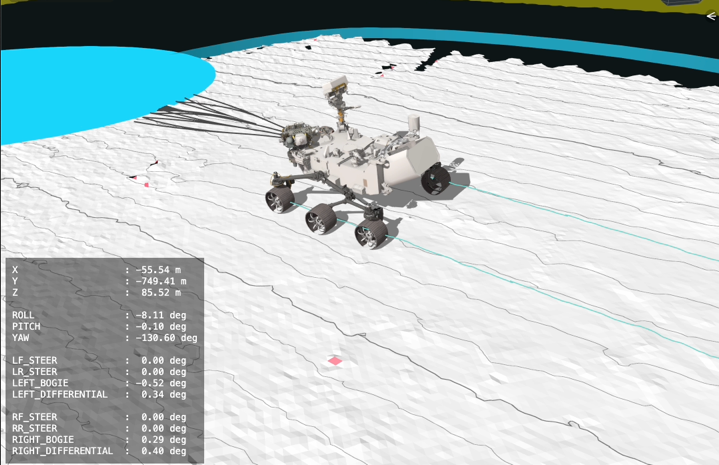 This animation was created using data acquired during Perseverance’s Dec. 10, 2025, drive on Jezero Crater’s rim. Pale blue lines depict the track the rover’s wheels take. Black lines snaking out in front of the rover show the path options the rover is considering. The white terrain is a height map based on rover data. The blue circle that appears near the end of the animation is a waypoint.