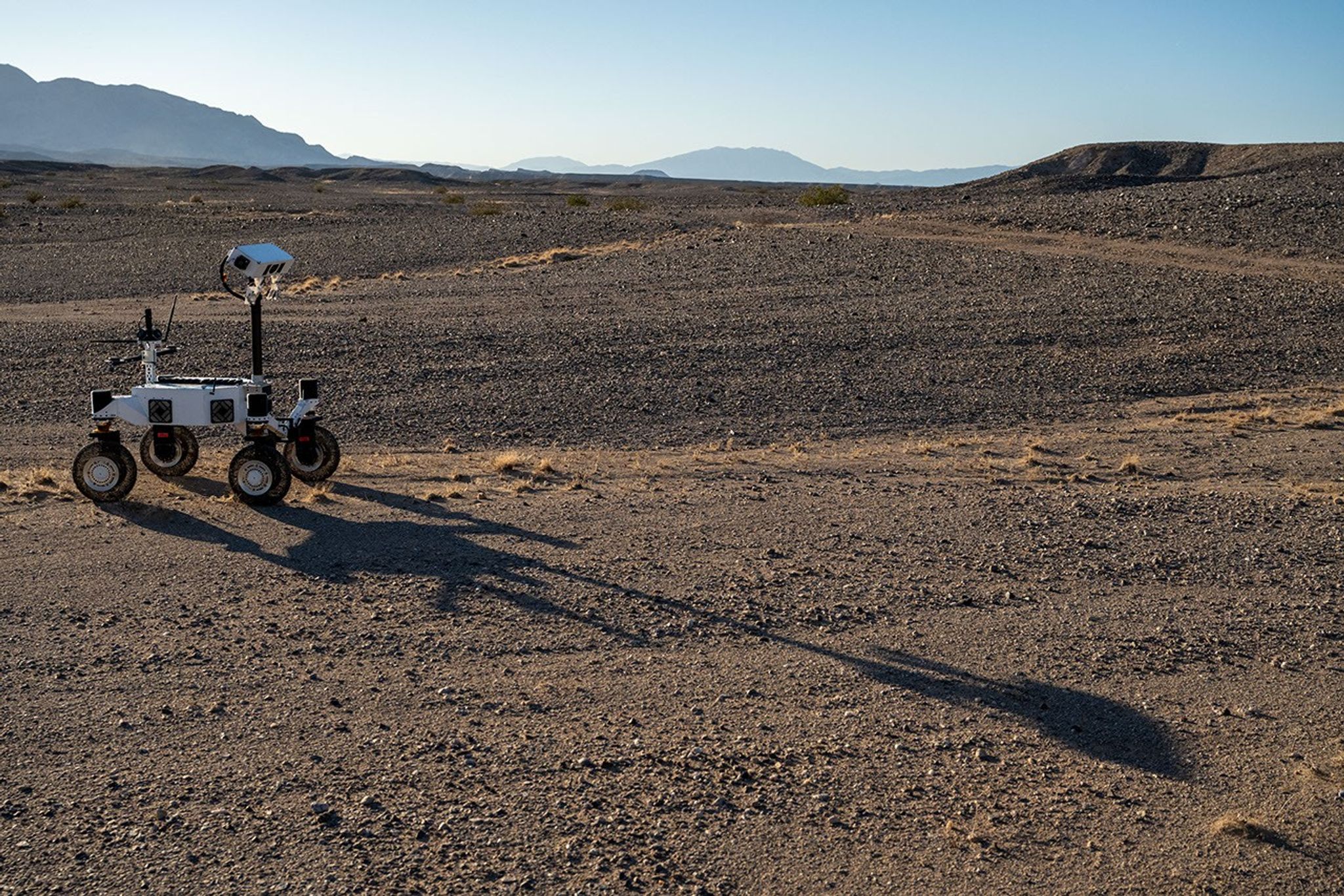 A prototype four-wheel rover developed at NASA’s Jet Propulsion Laboratory with advanced mobility and robotic autonomy capabilities trundled across the Colorado Desert near Plaster City, California, during a field test in March 2026.