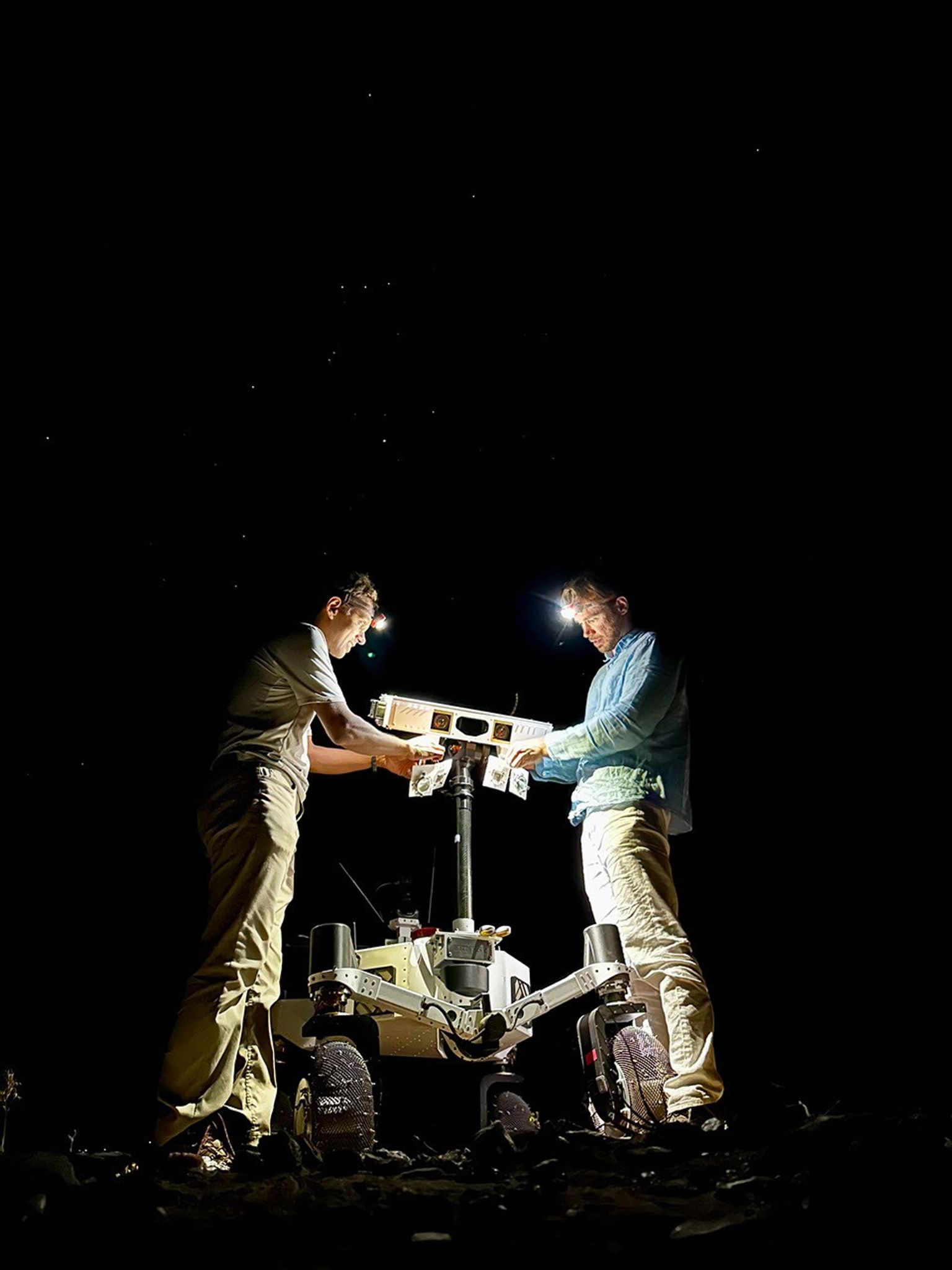 A prototype four-wheel rover developed at NASA’s Jet Propulsion Laboratory with advanced mobility and robotic autonomy capabilities trundled across the Colorado Desert near Plaster City, California, during a field test in March 2026.