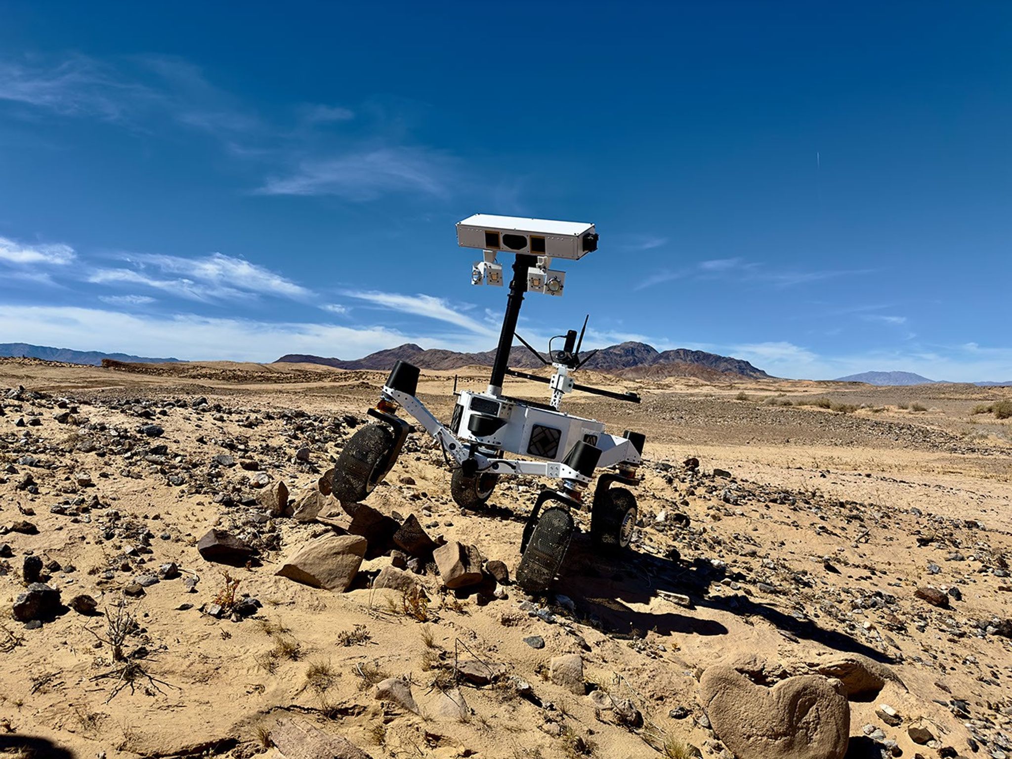 A prototype four-wheel rover developed at NASA’s Jet Propulsion Laboratory with advanced mobility and robotic autonomy capabilities trundled across the Colorado Desert near Plaster City, California, during a field test in March 2026.