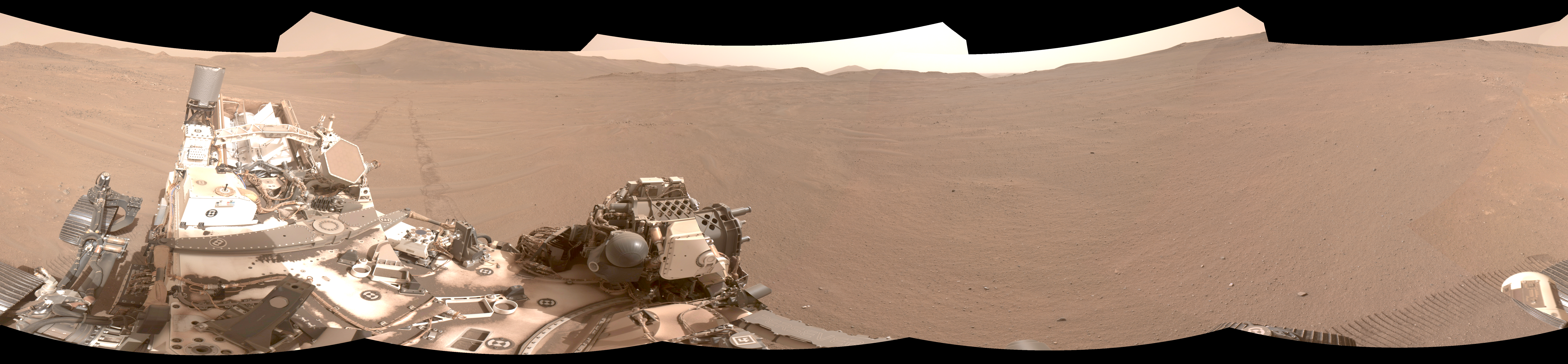 This panorama from Perseverance is composed of five stereo pairs of navigation camera images that the rover matched to orbital imagery in order to pinpoint its position on Feb. 2, 2026, using a technology called Mars Global Localization.