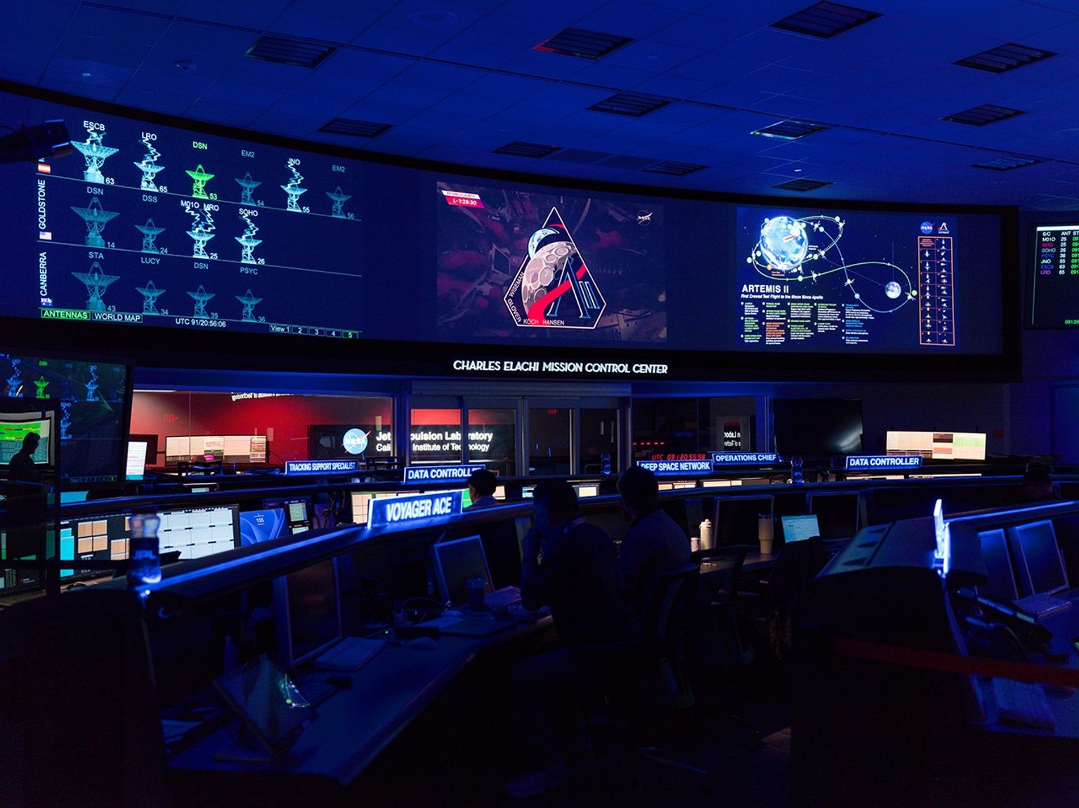 The Artemis II mission patch appears in the center screen of the Space Flight Operations Facility at NASA’s Jet Propulsion Laboratory in Southern California on April 1, 2026, shortly before the mission launched to the Moon.