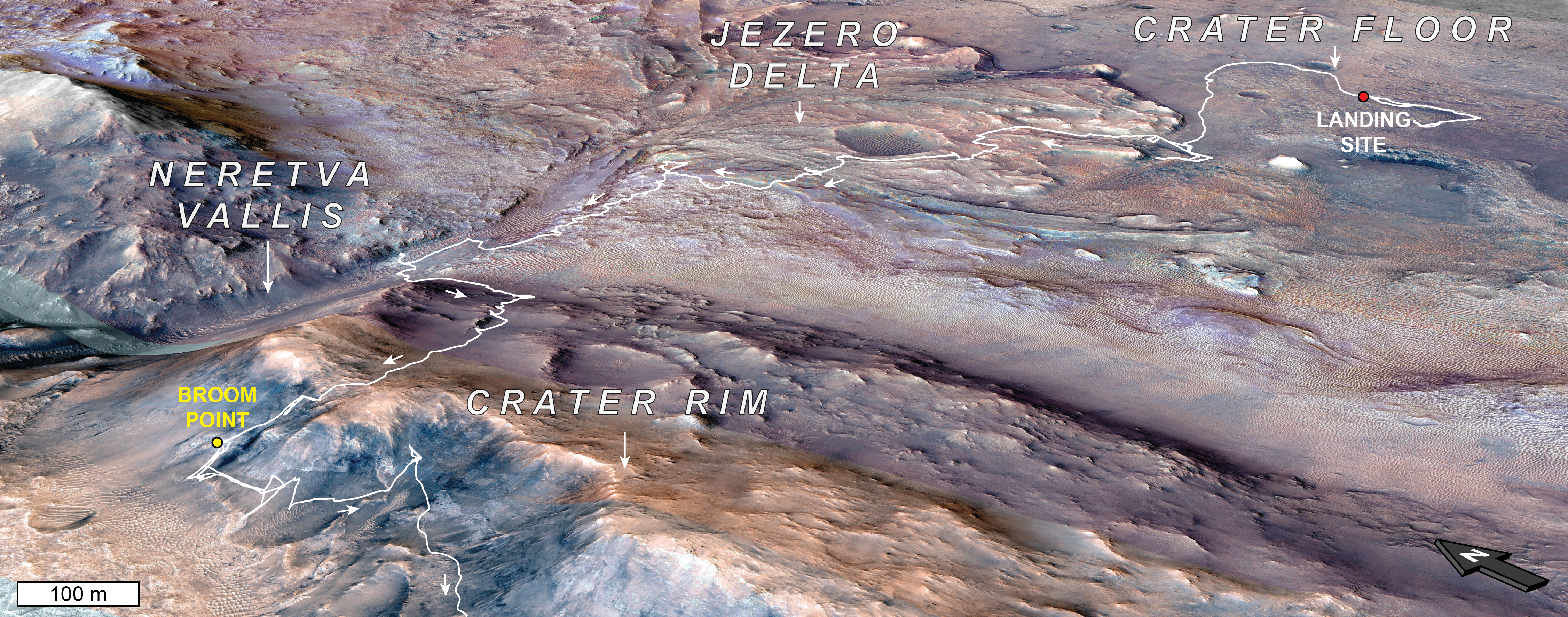 A reddish rocky Martian landscape superimposed with a white line zig-zagging from top right to bottom left of the image. Annotations indicate the landing site, the crater floor, delta, Neretva Vallis, the crater rim, and “Broom Point.”