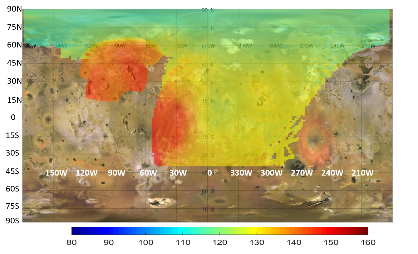 A global map of Jupiter’s moon Io featuring a color-coded overlay and latitude and longitude gridlines. Red appears in the upper and center left, yellow in the middle, and green across the top.