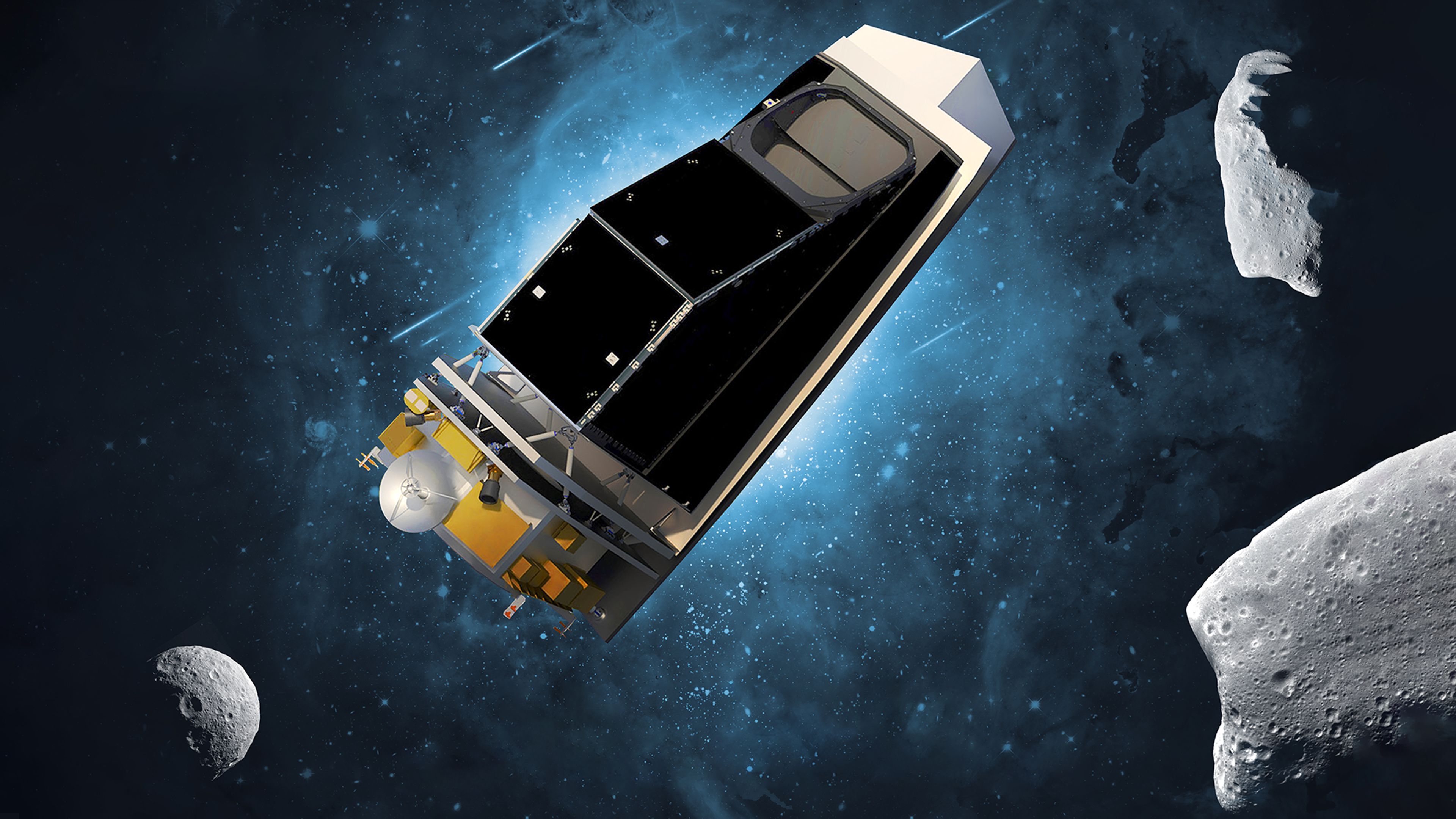 Image of NEO Surveyor flying by asteroids