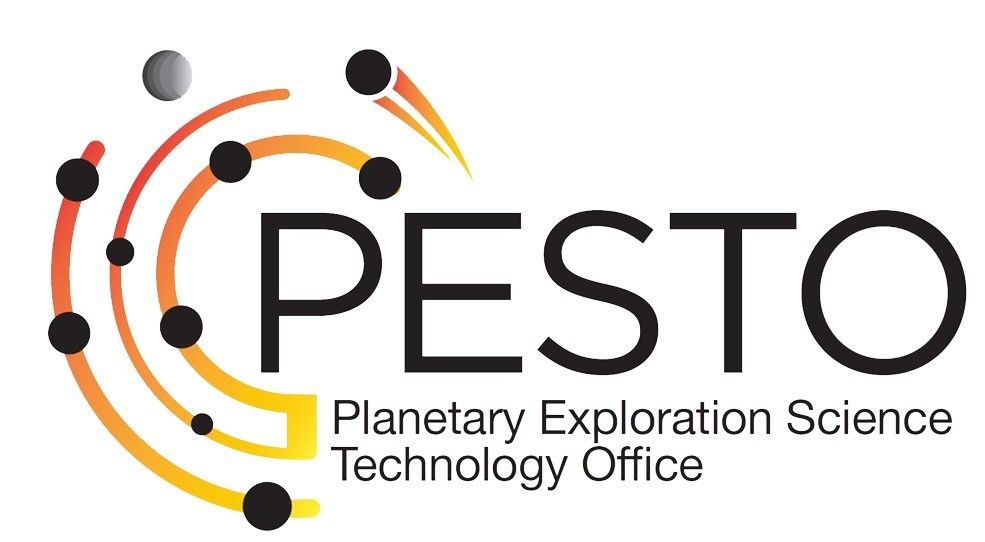 Logo for Planetary Exploration Science Technology Office. Small circles are on semicircles representing orbital paths.