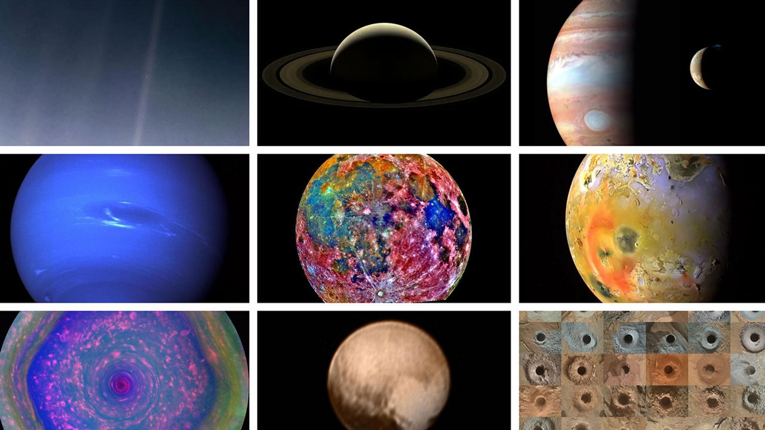 A montage of images shows Earth, Jupiter, Neptune, Earth's Moon, Jupiter's moon Io, a hexagonal vortex on Saturn, Pluto and a series of drill holes on Mars.