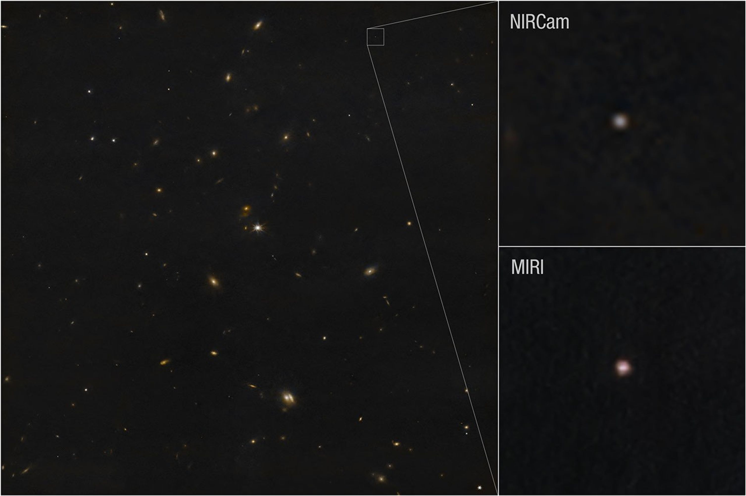 A split image with a large box on the left and two smaller ones stacked on the right. The image on the left has a black starfield a several colorful dots indicating objects in space. Each of the two smaller boxes has one smudged reddish dot indicating an asteroid.