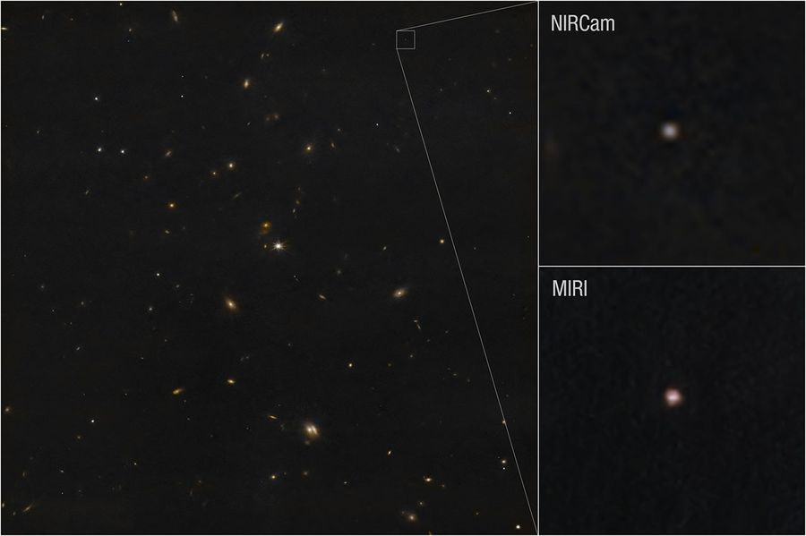 A split image with a large box on the left and two smaller ones stacked on the right. The image on the left has a black starfield a several colorful dots indicating objects in space. Each of the two smaller boxes has one smudged reddish dot indicating an asteroid.