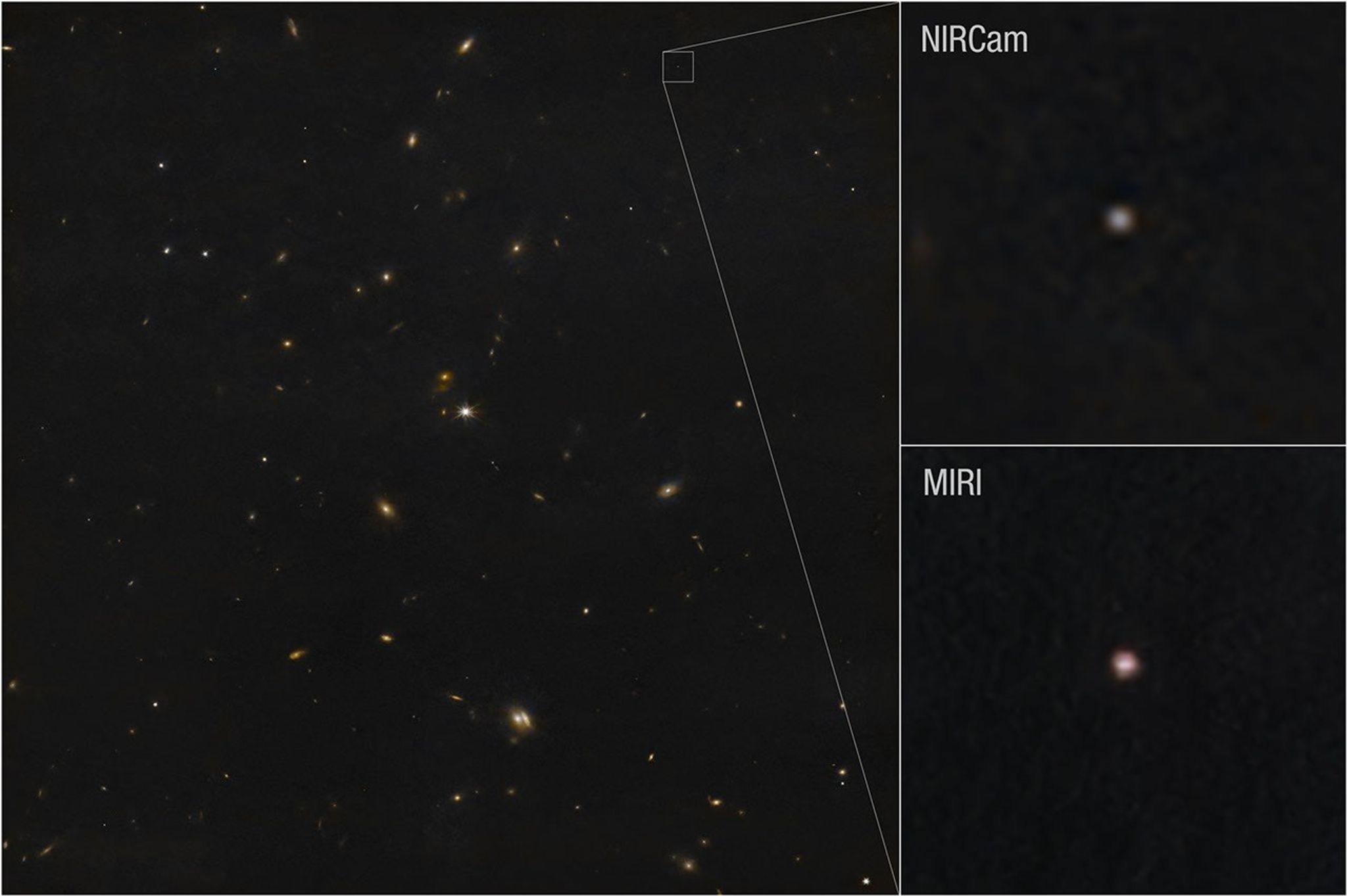 A split image with a large box on the left and two smaller ones stacked on the right. The image on the left has a black starfield a several colorful dots indicating objects in space. Each of the two smaller boxes has one smudged reddish dot indicating an asteroid.