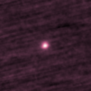 The image is made up of vertical streaks of black and various hues of pinks with a hazy white orb at the center, representing the comet 3I/ATLAS. The top left corner has the name of the comet, 3I/ATLAS, and below that, the date range the comet was observed.