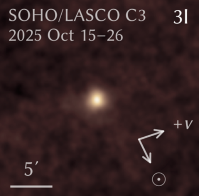 A faint, slightly yellowish point of light—Comet 3I/ATLAS—appears near the center of a grainy, brown-toned background captured by the SOHO/LASCO C3 coronagraph between October 15–26, 2025. The comet is only marginally brighter than the surrounding noise, making it difficult to distinguish.