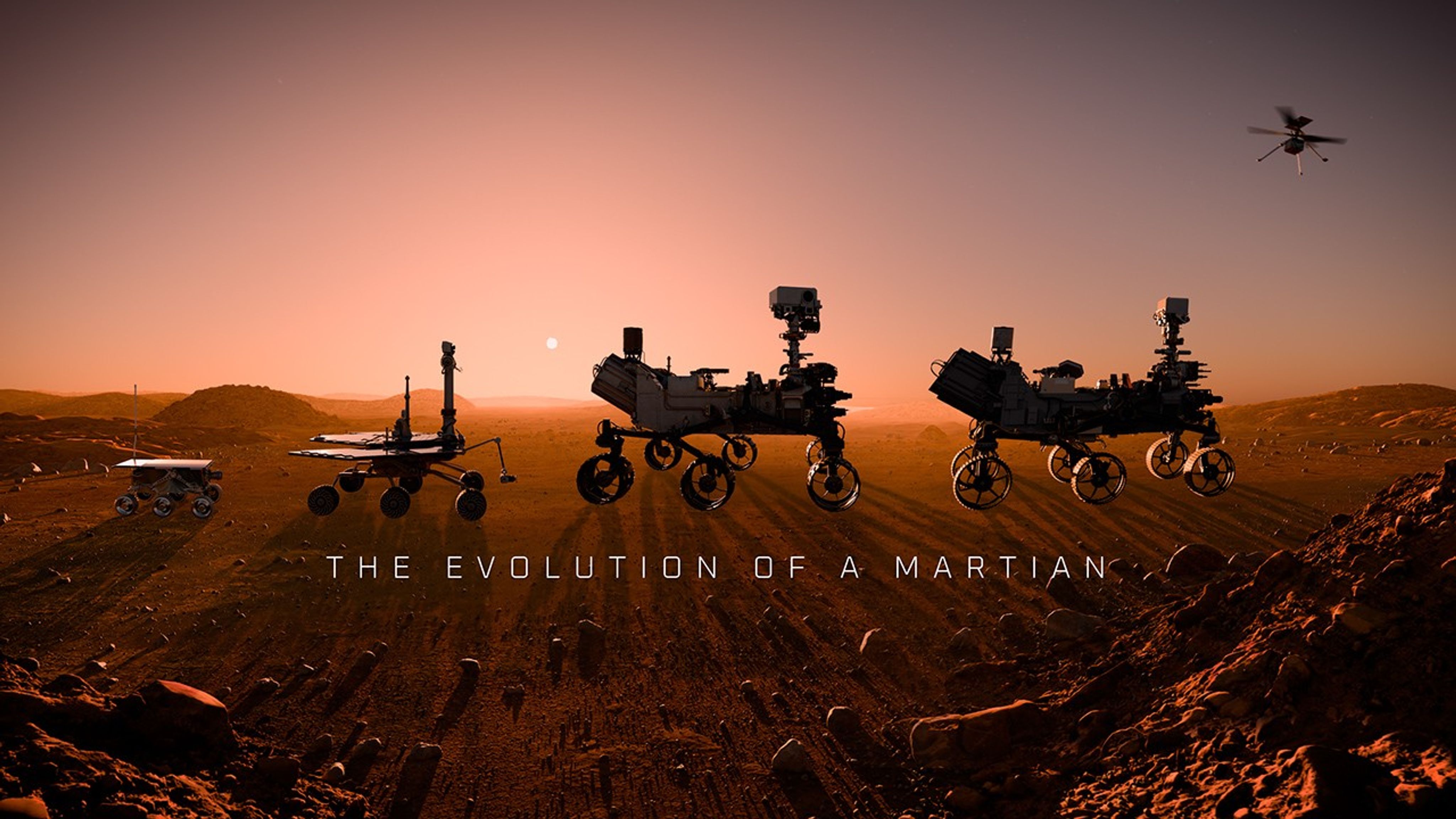 A realistic, animated video shows the progression of Mars rovers from a small microwave-sized Sojourner rover to the SUV-sized Perseverance rover. The final frame shows a sample return rocket liftin off from the Martian surface.