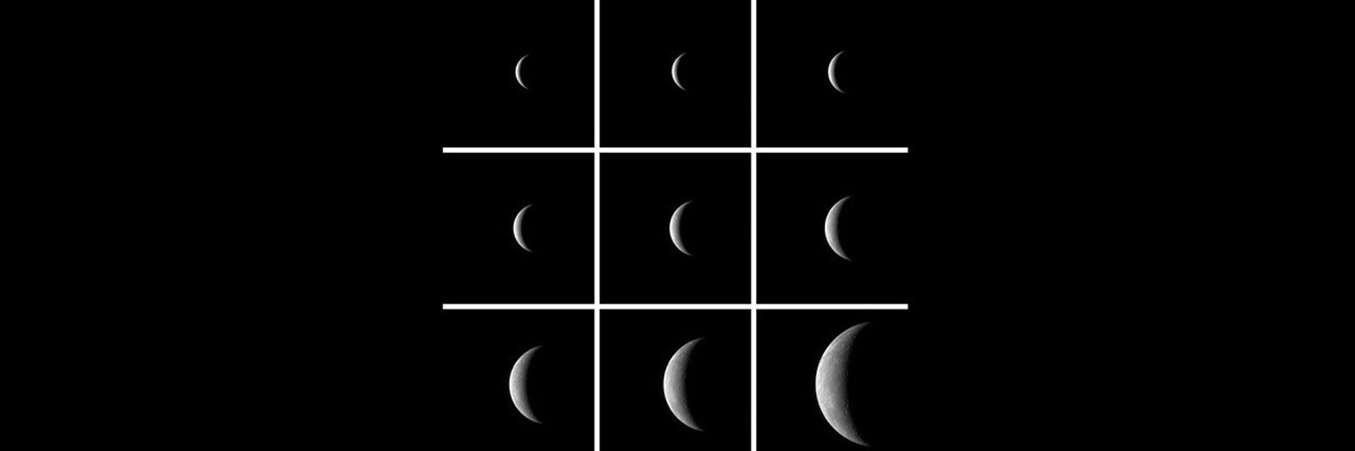 A grid showing nine images of Mercury against the darkness of space. The planet appears closer in each image moving the top left to bottom right.