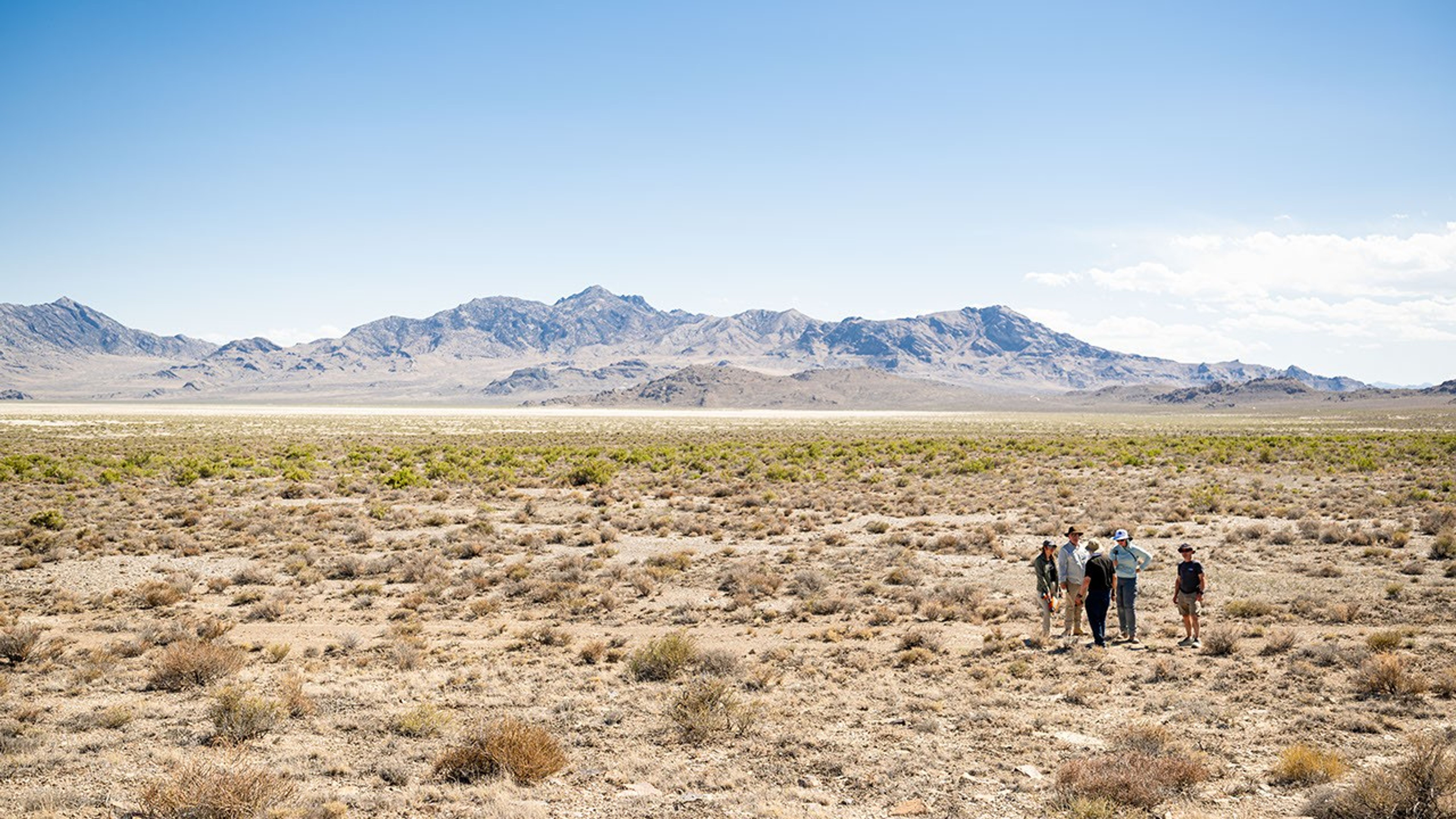 Dry desert plain dotted with low shrubs stretches toward layered mountains.