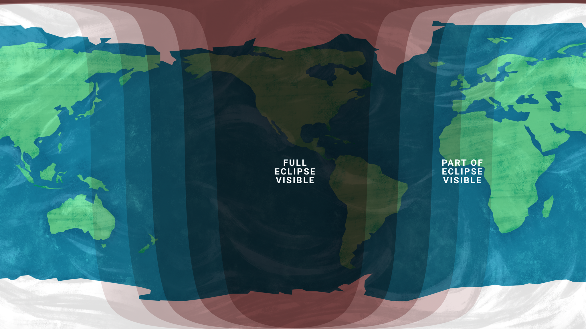 A map of the world centered on the Western Hemisphere shows a darkened area at center covering the Americas with the label "Full Eclipse Visible." Spreading out to the left and right of this area are increasingly faint strips labeled "Part of Eclipse Visible."