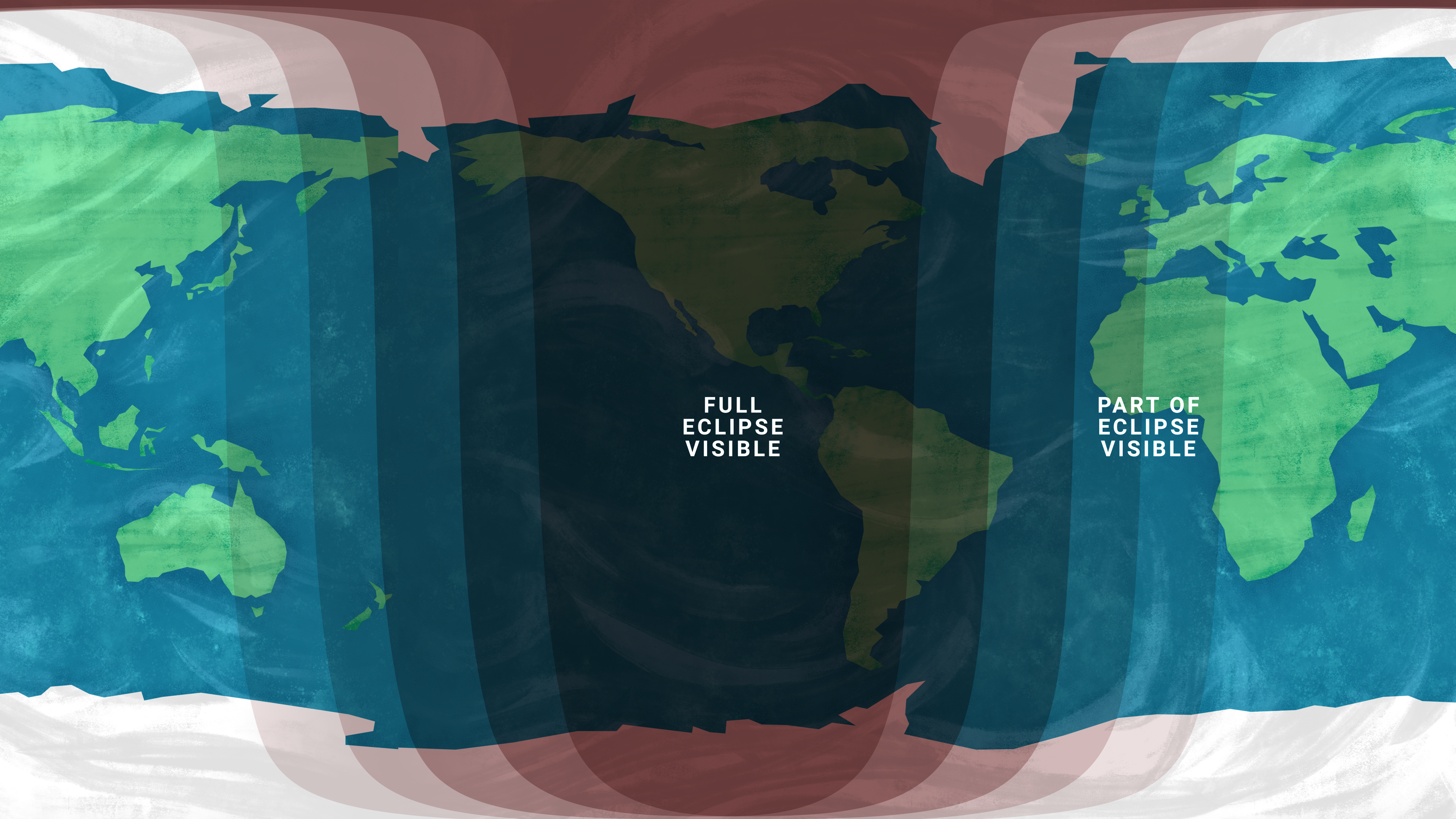 A map of the world centered on the Western Hemisphere shows a darkened area at center covering the Americas with the label "Full Eclipse Visible." Spreading out to the left and right of this area are increasingly faint strips labeled "Part of Eclipse Visible."