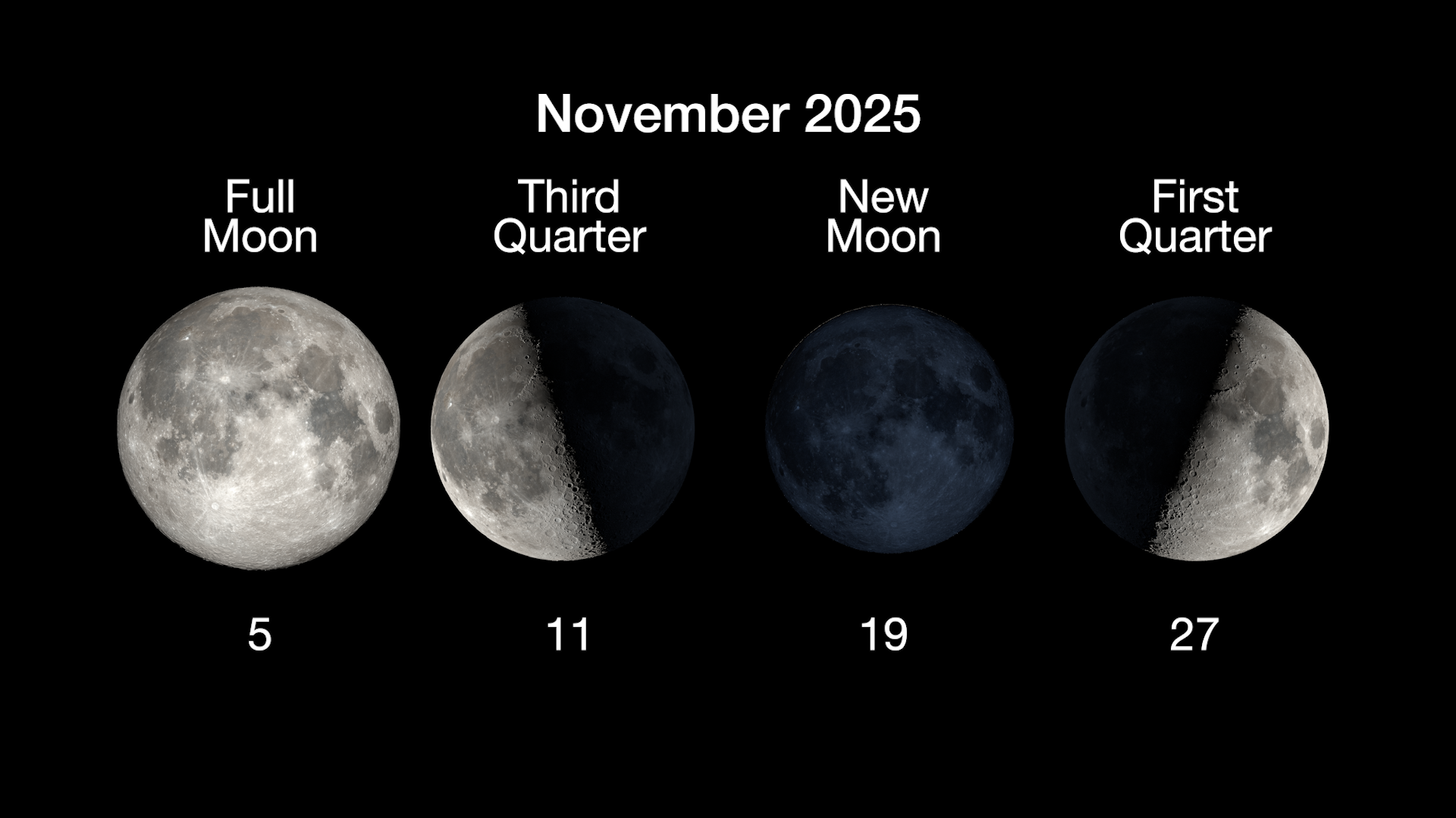 An image showing the four primary Moon phases for November 2025. From left: Full Moon (Day 5), Third Quarter (Day 11), New Moon (Day 19), and First Quarter (Day 27), illustrating the cycle of lunar illumination.