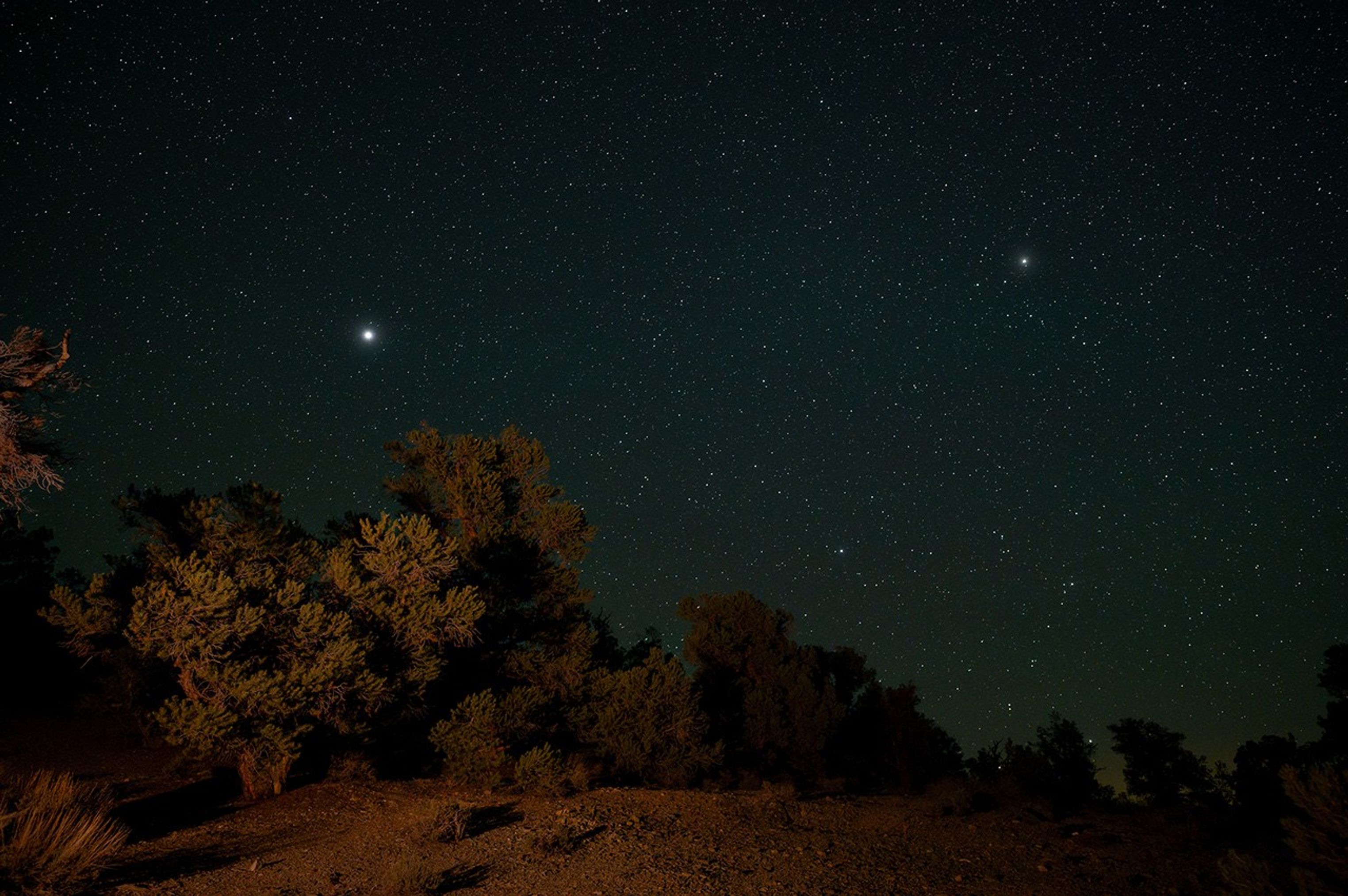 A dark, starry night sky with the bright planets Jupiter and Saturn visible above a hilly landscape with trees.