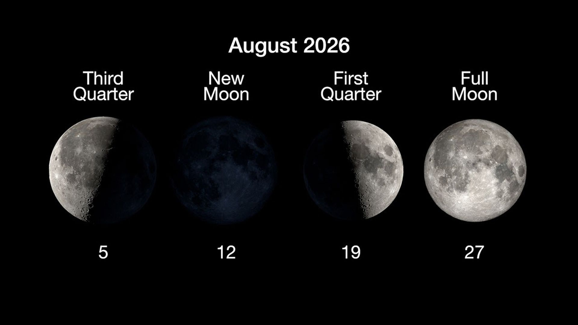 An infographic on a black background titled 'August 2026' showing four primary phases of the Moon arranged in a horizontal row. Each phase features an image of the Moon with text above indicating the phase name and a number below indicating the date in August. From left to right: 'Third Quarter' on the 5th, showing the left half of the Moon illuminated. 'New Moon' on the 12th, showing the Moon's face completely in shadow. 'First Quarter' on the 19th, showing the right half of the Moon illuminated. 'Full Moon' on the 27th, showing the entire face of the Moon illuminated.