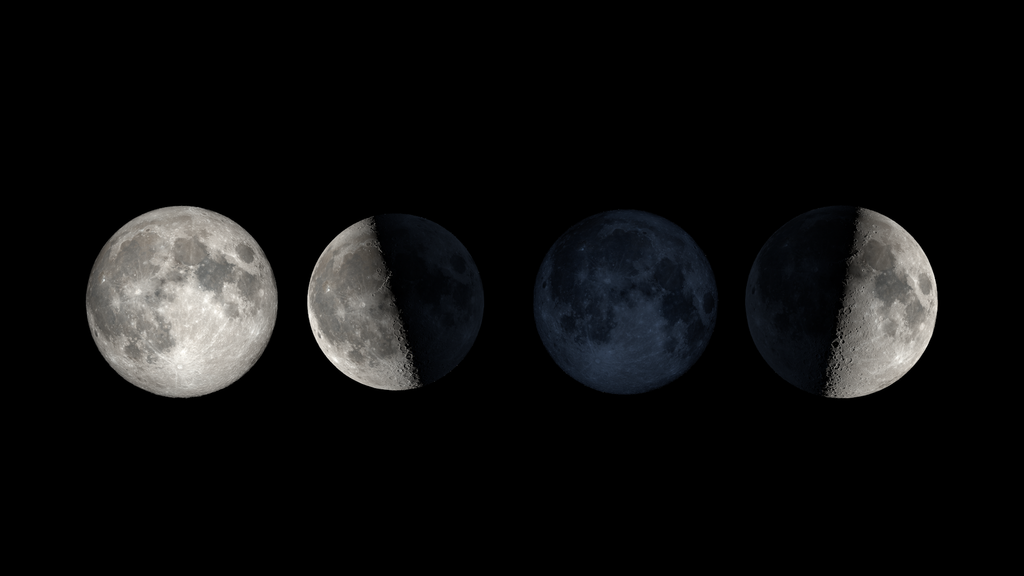 A horizontal panoramic composition displays four distinct phases of the Moon arranged linearly against a stark, solid black background. Starting from the far left, a Full Moon is shown in complete illumination, revealing the intricate textures of its craters and dark volcanic plains. Moving to the right, the Third Quarter phase appears half-lit on the left side, followed by a New Moon depicted as a faint, dark silhouette barely distinguishable from the void. The sequence concludes on the far right with a First Quarter moon, illuminated on its right half. The progression highlights the stark play of light and shadow across the lunar topography, illustrating a simplified version of the lunar cycle.