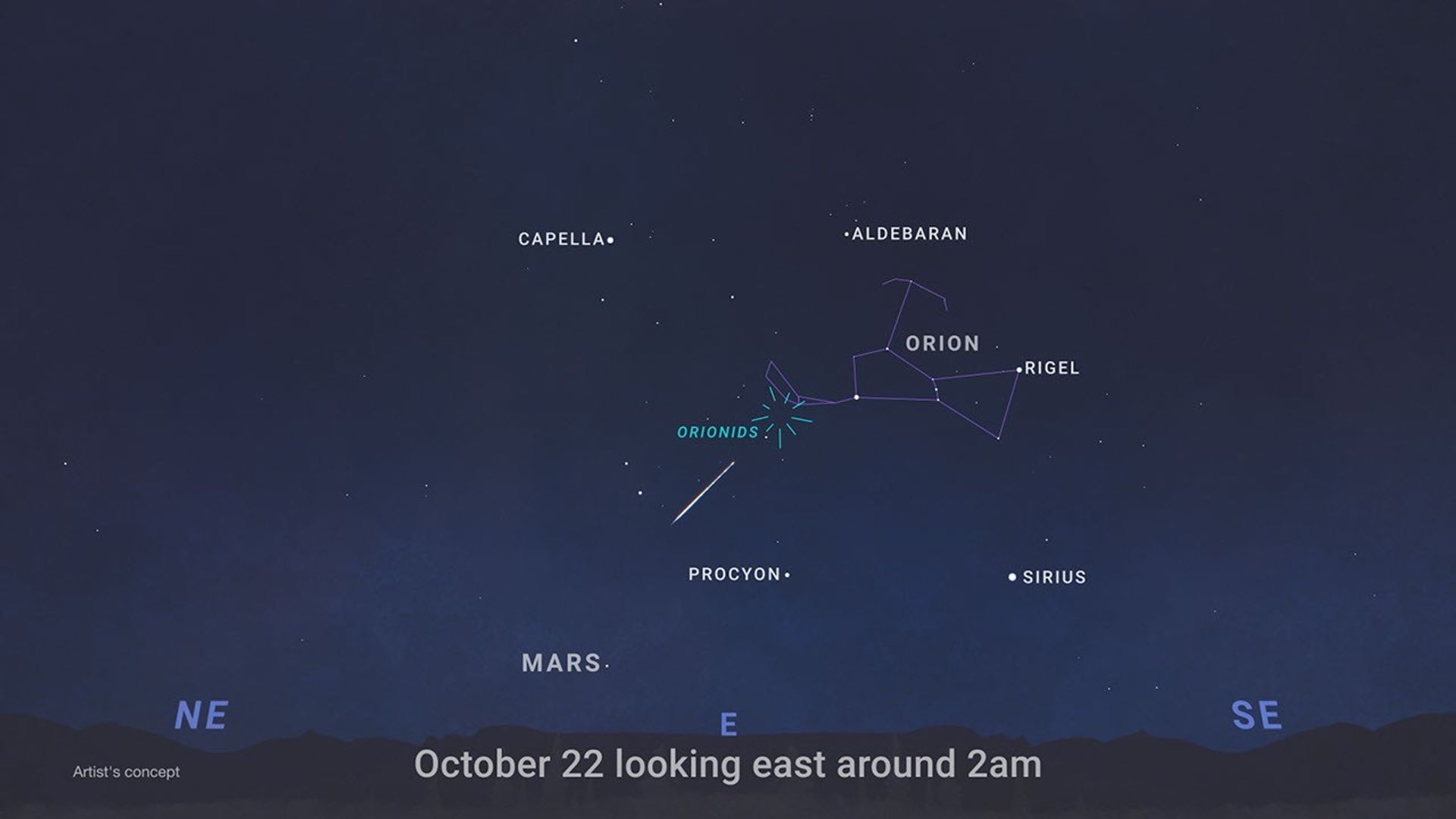 A dark night sky chart labeled "October 22 looking east around 2am" along the bottom horizon. In the center, the constellation Orion is outlined in purple, with a burst icon pointing to the radiant point for the Orionids meteor shower. Surrounding labeled celestial objects include Capella, Aldebaran, Rigel, Procyon, Sirius, and Mars.