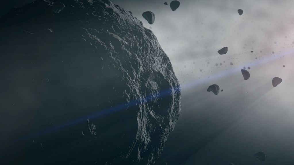 Illustration of large asteroid in space, with smaller rocks floating off to the right.