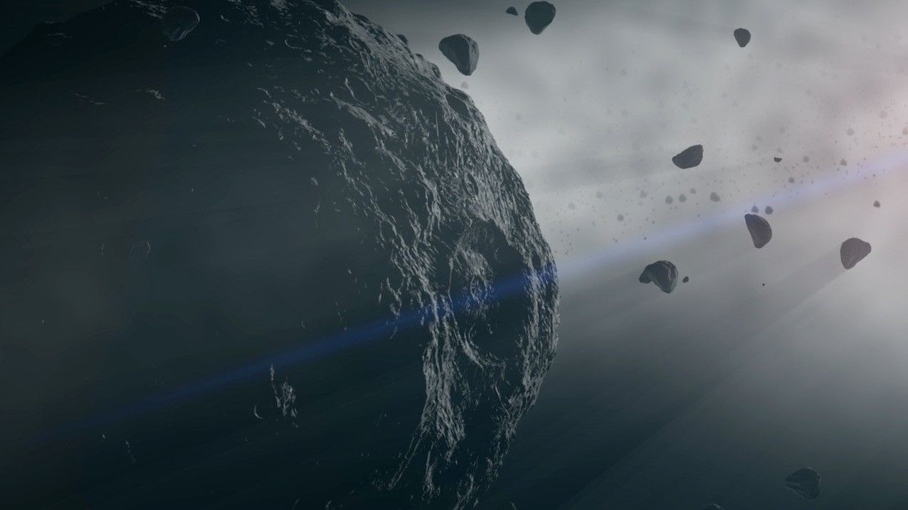 Illustration of large asteroid in space, with smaller rocks floating off to the right.