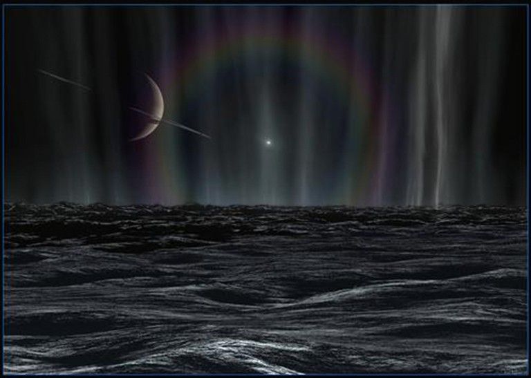 In this artist's rendering, a distant sun forms a halo (refracted sunlight by ice crystals) amid streamers of pure water ice particles, which spew into space from cracks in the south polar surface of Saturn's tiny moon Enceladus.