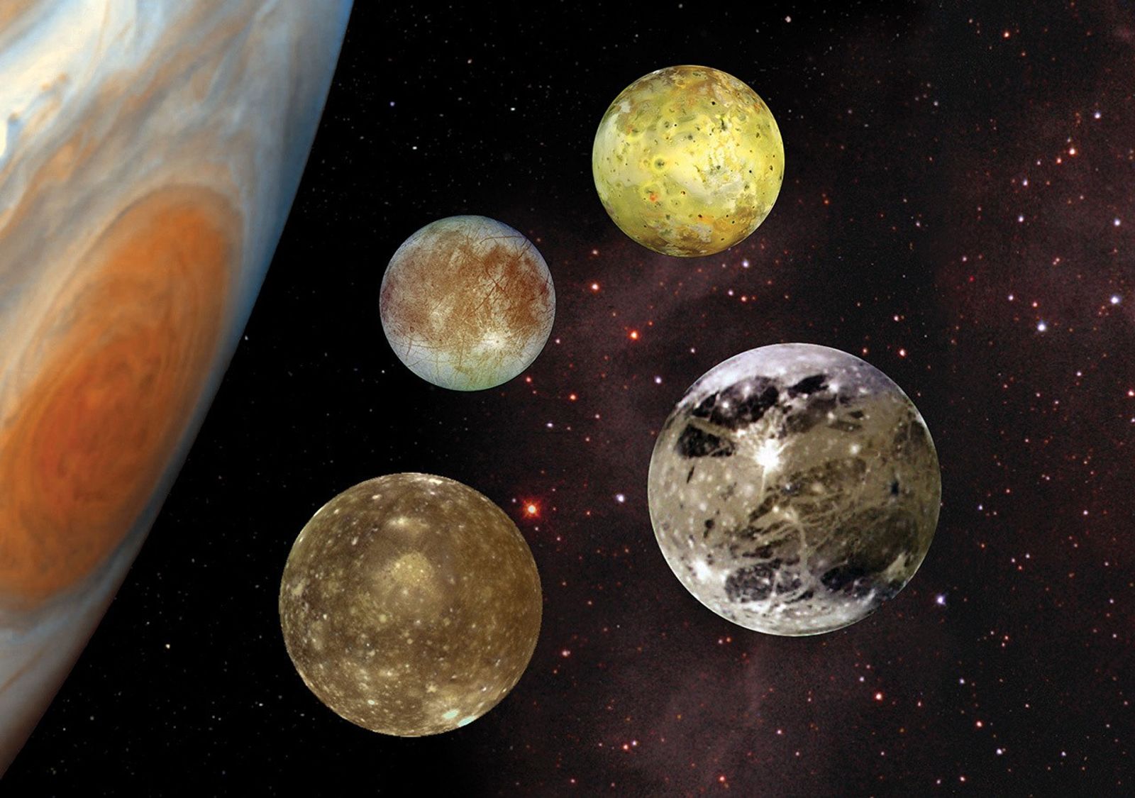 A composite image of Jupiter's edge showing its Great Red Spot alongside its four largest moons arranged nearby