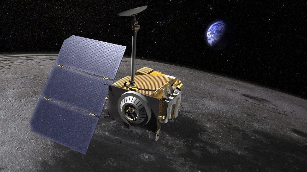 spacecraft above lunar horizon with Earth in background