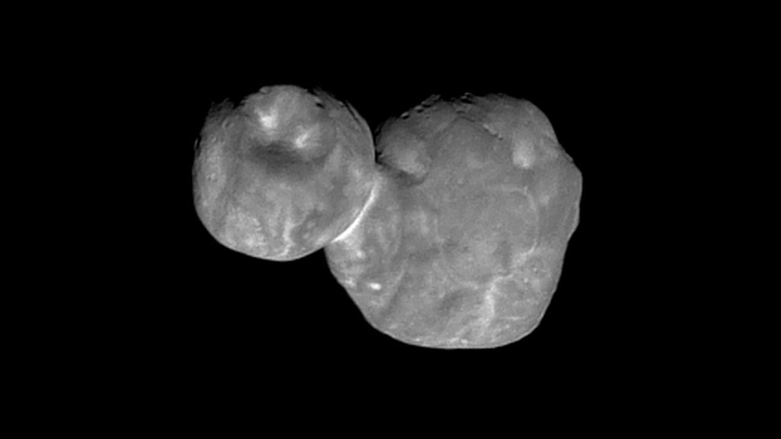 black and white view of two-lobed object in black space
