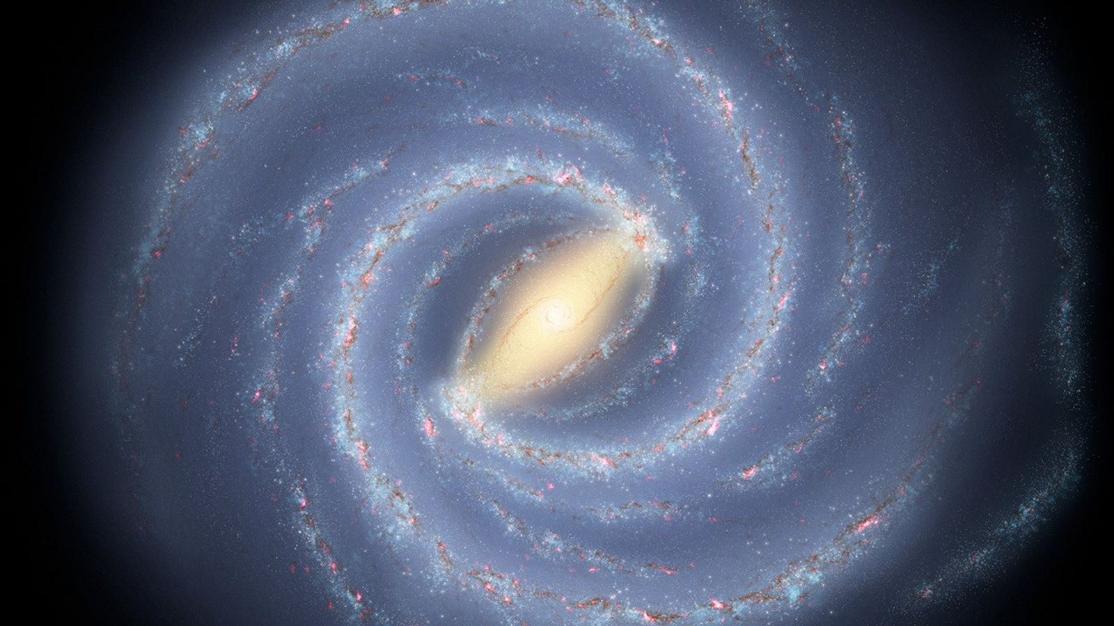Illustration of a galaxy with a bright center and curved spiral arms.
