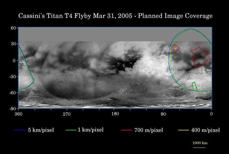 This map of Titan's surface illustrates the regions that will be imaged by Cassini during the spacecraft's close flyby of the haze-covered moon on March 31, 2005. At closest approach, the spacecraft is expected to pass approximately 2,400 kilometers (1,500 miles) above the moon's surface.