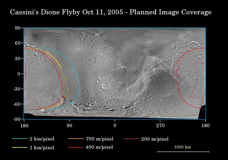 This map of the surface of Saturn's moon Dione illustrates the regions that were imaged by Cassini during the spacecraft's very close flyby of the moon on Oct. 11, 2005.