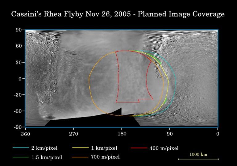 This map of the surface of Saturn's moon, Rhea, illustrates the regions that will be imaged by Cassini during the spacecraft's close flyby of the moon on Nov. 26, 2005. At closest approach, the spacecraft is expected to pass approximately 500 kilometers (310 miles) above the moon's surface.