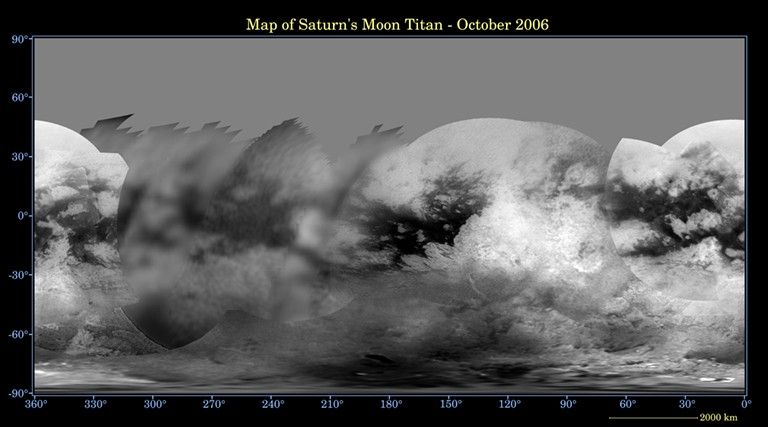 This is a detailed view of a global digital map of Titan taken by the Cassini spacecraft Imaging Science Subsystem.