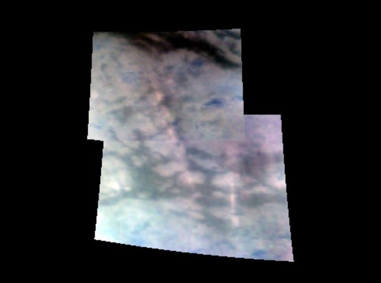 This composite image, obtained during an Oct. 25, 2006 flyby, shows a massive mountain range running just south of Titan's equator.