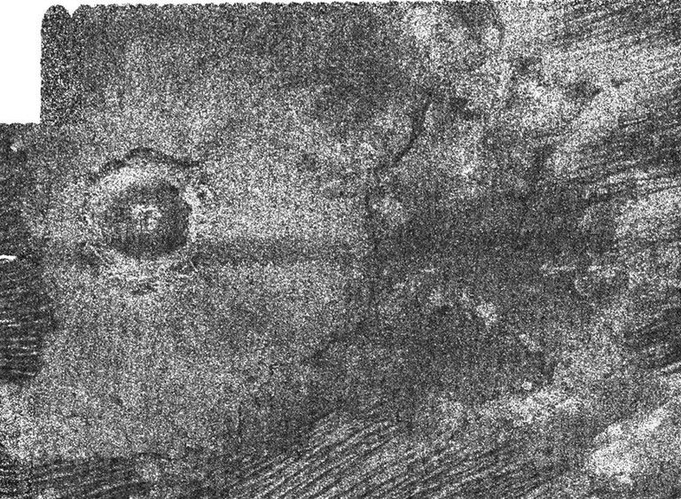 This portion of a larger image shows one of only three impact craters confirmed on Titan as of February 2007.