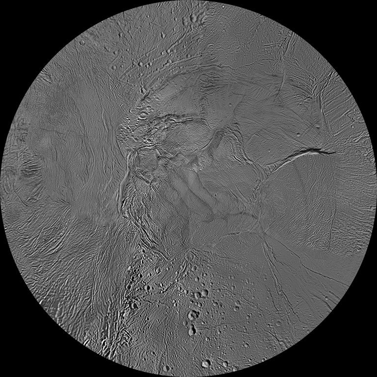 The southern hemisphere of Enceladus is seen in this polar stereographic map, mosaicked from the best-available Cassini and Voyager clear-filter images.